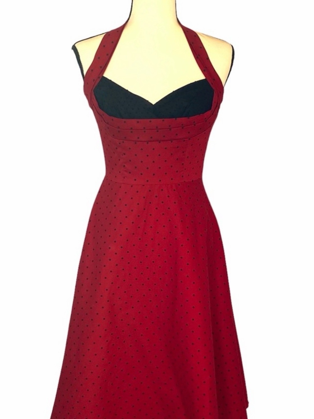 Stop Staring! Red Polka Dot Cover Girl Halter Swing Dress Sz S Retro 50s